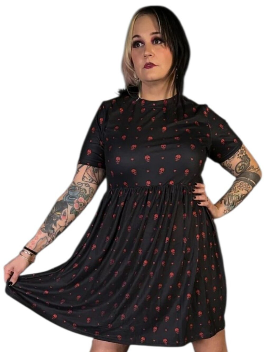 Tommyrot Hearts & Skulls Dress XL Red Heart Print Empire Waist Stretch Skater